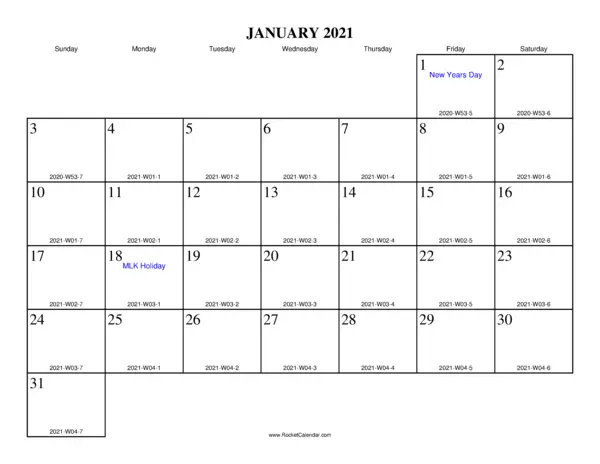 January 2021 ISO Calendar