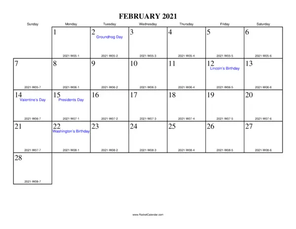 February 2021 ISO Calendar