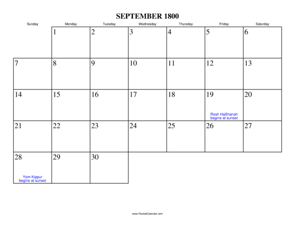 September 1800 Calendar