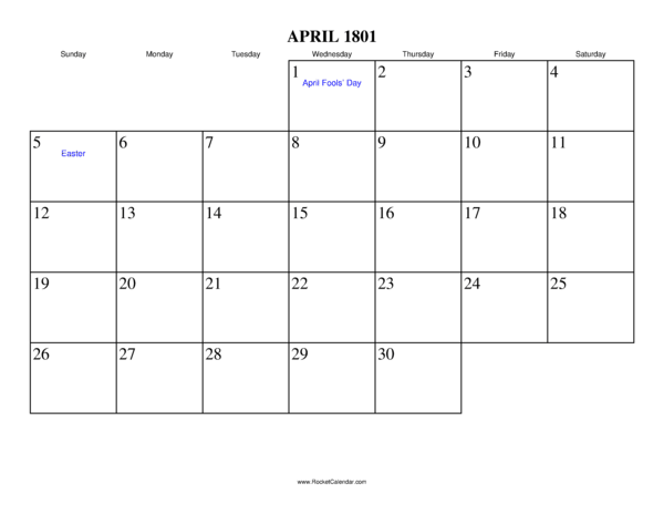 April 1801 Calendar