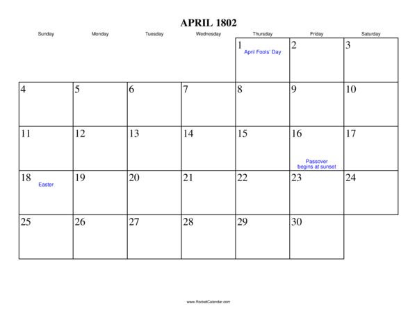 April 1802 Calendar