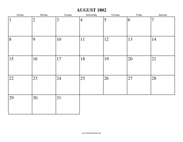 August 1802 Calendar