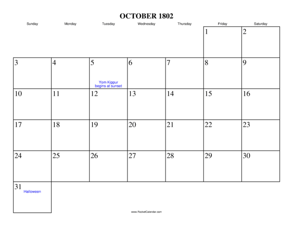 October 1802 Calendar
