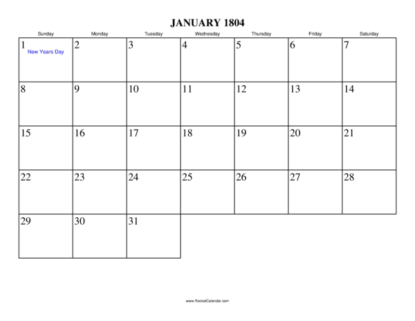 January 1804 Calendar