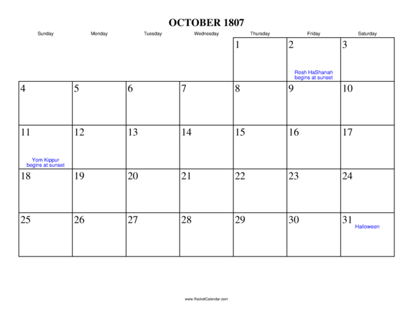 October 1807 Calendar