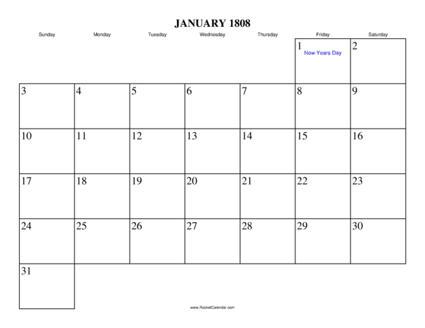 January 1808 Calendar