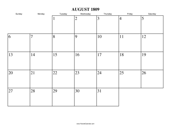 August 1809 Calendar