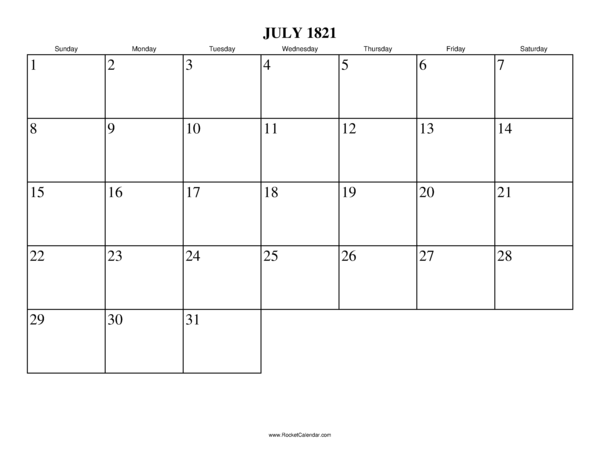 July 1821 Calendar
