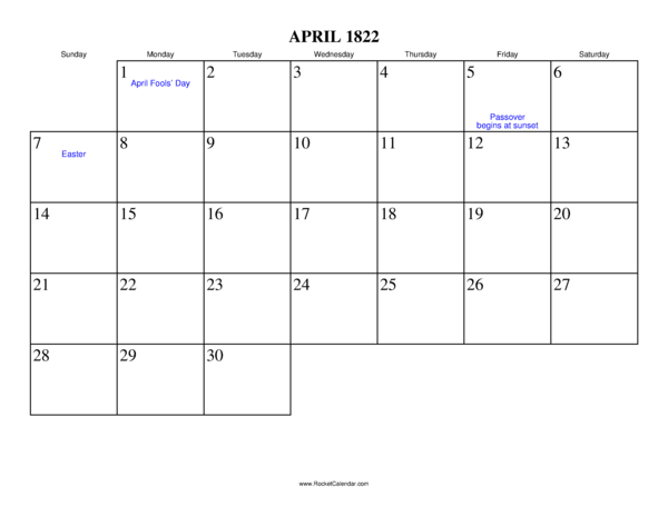 April 1822 Calendar