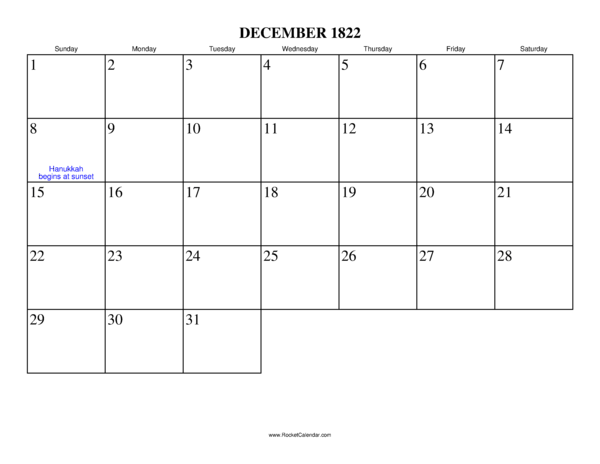 December 1822 Calendar