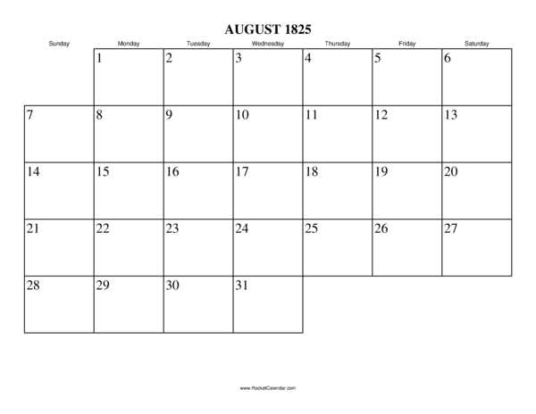 August 1825 Calendar