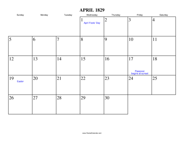 April 1829 Calendar
