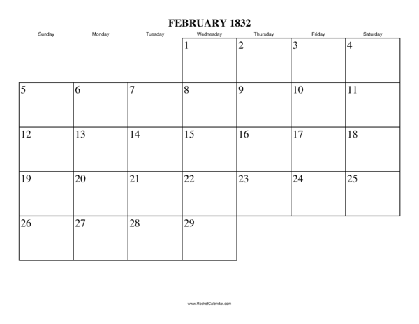 February 1832 Calendar