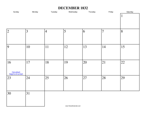 December 1832 Calendar