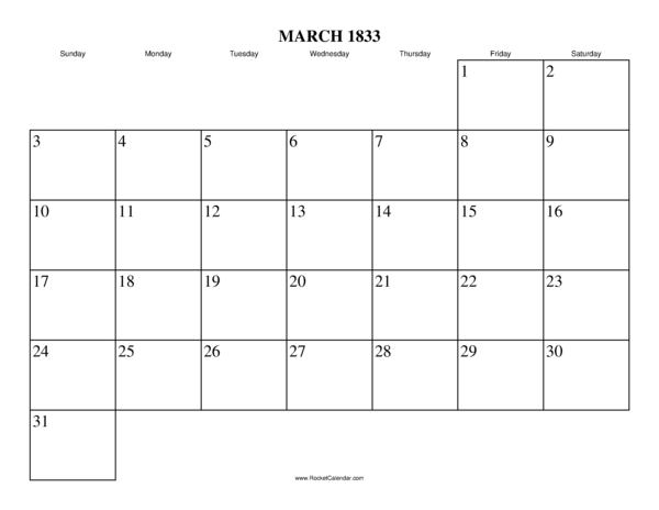March 1833 Calendar