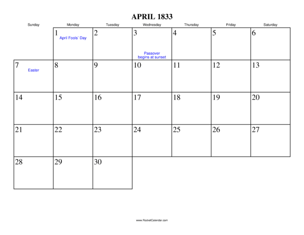 April 1833 Calendar