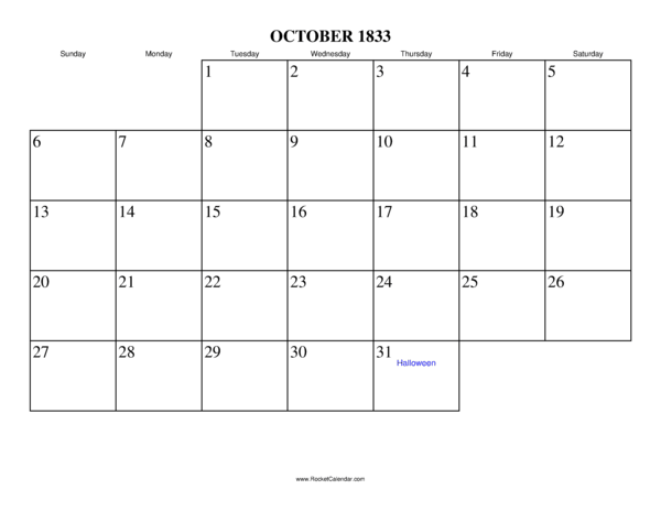 October 1833 Calendar
