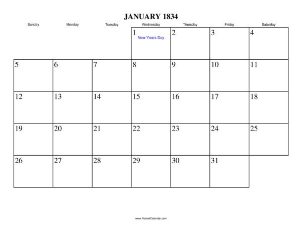 January 1834 Calendar