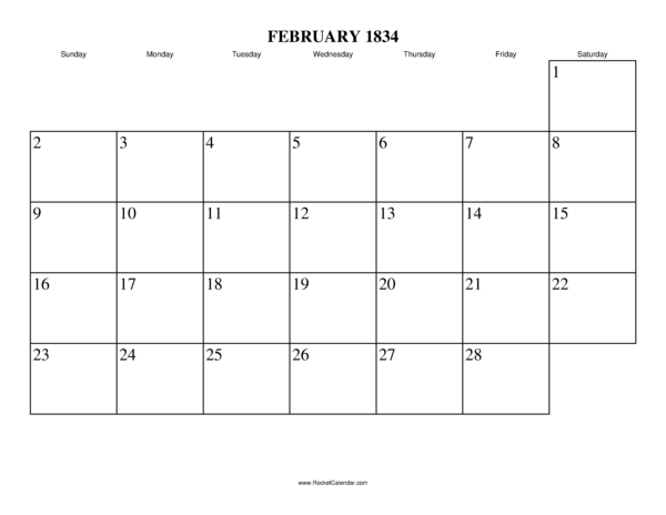 February 1834 Calendar