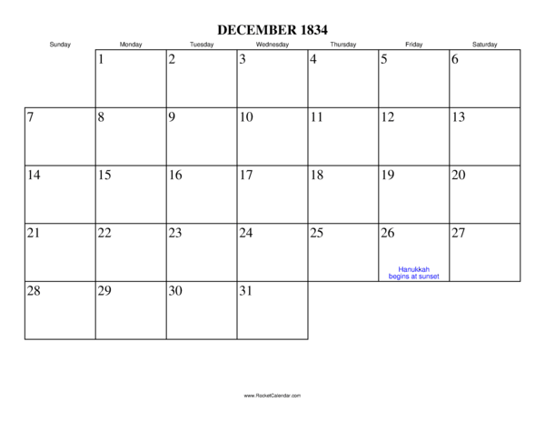 December 1834 Calendar