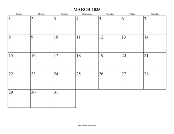 March 1835 Calendar