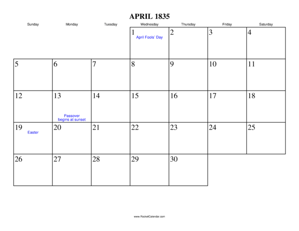 April 1835 Calendar
