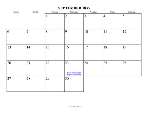 September 1835 Calendar