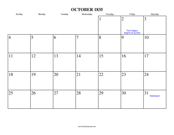 October 1835 Calendar