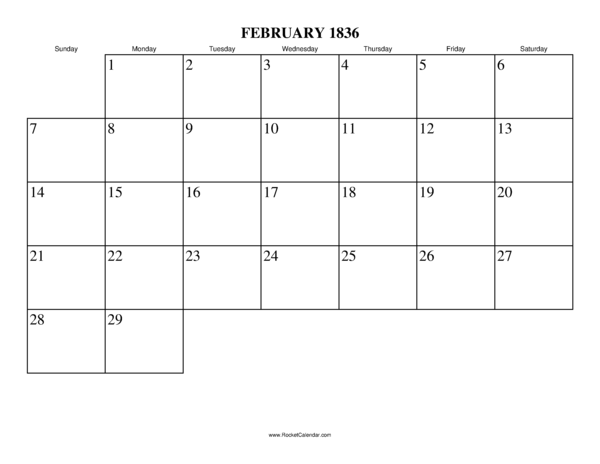 February 1836 Calendar