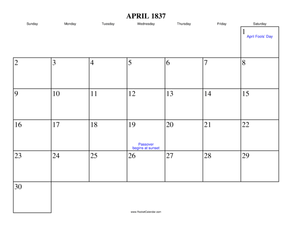 April 1837 Calendar