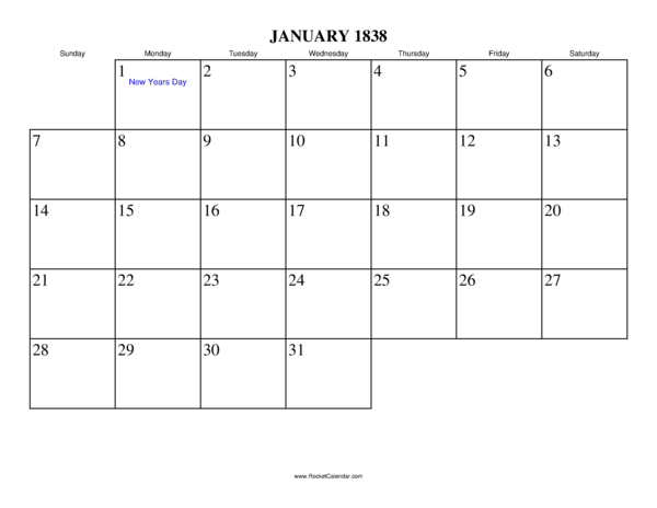 January 1838 Calendar