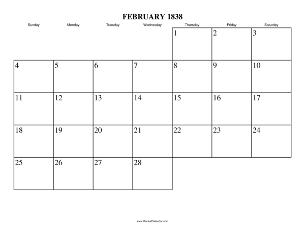 February 1838 Calendar