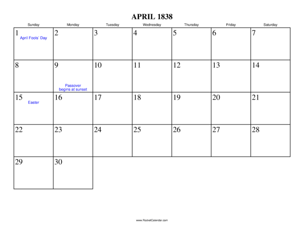 April 1838 Calendar