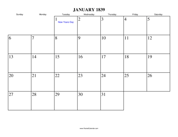 January 1839 Calendar