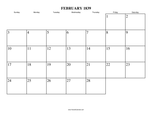 February 1839 Calendar