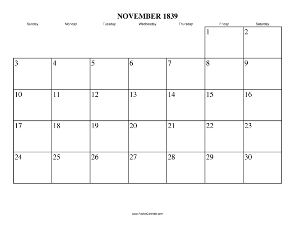 November 1839 Calendar
