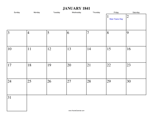 January 1841 Calendar