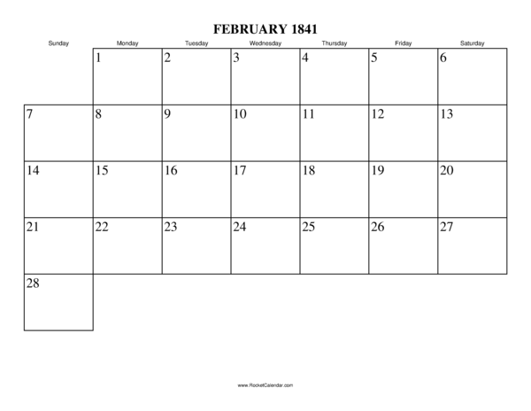 February 1841 Calendar