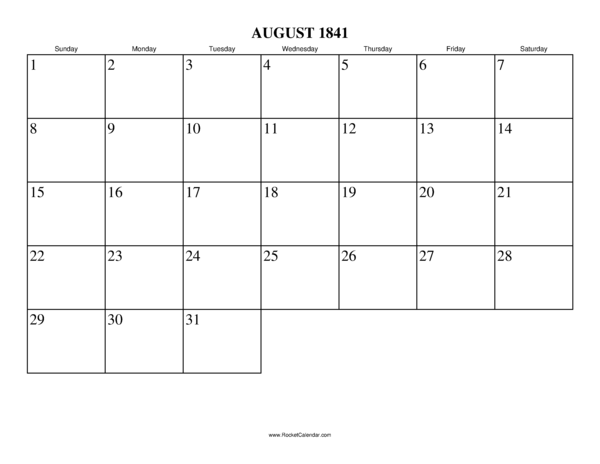 August 1841 Calendar