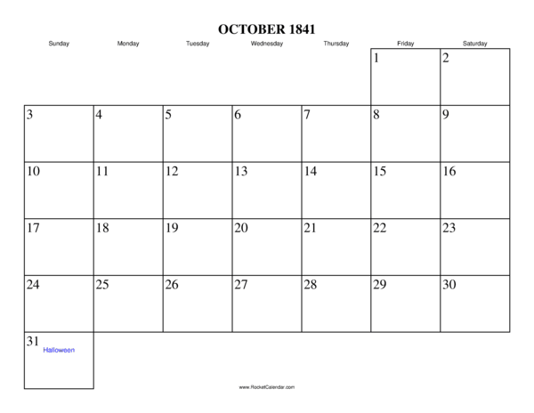 October 1841 Calendar