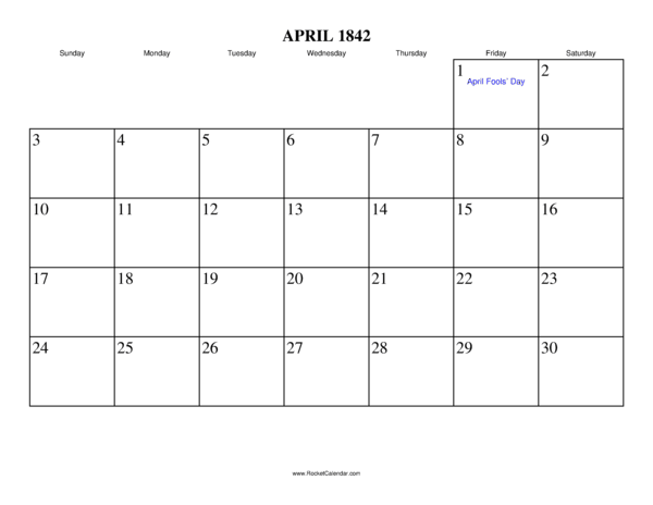 April 1842 Calendar