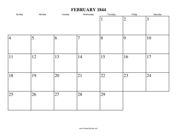 February 1844 Calendar