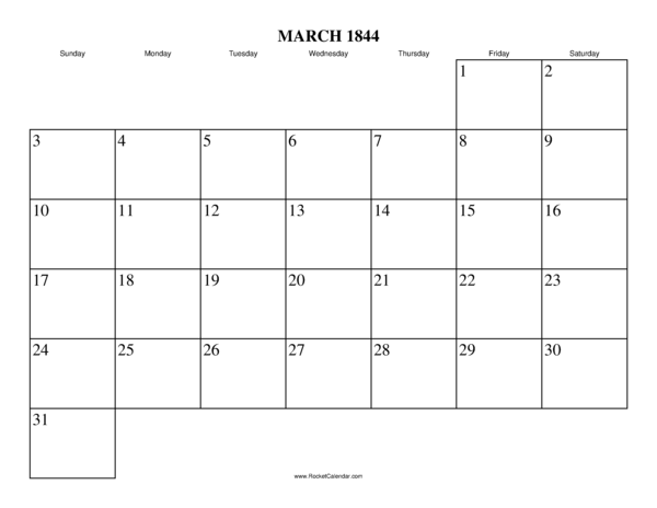 March 1844 Calendar