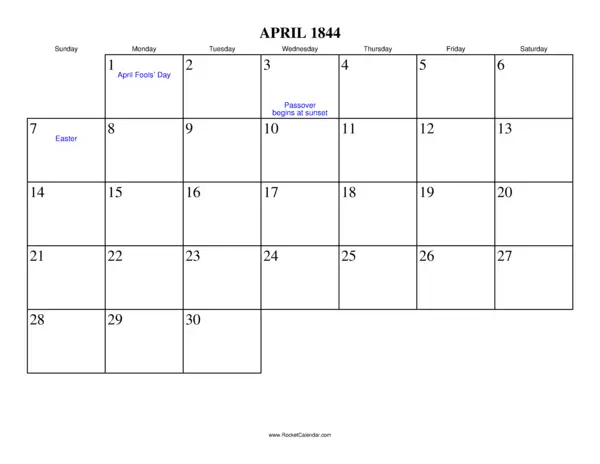 April 1844 Calendar