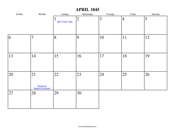 April 1845 Calendar