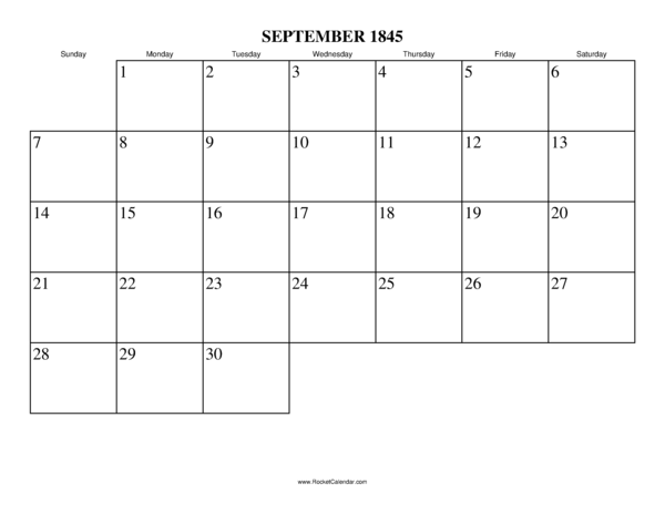 September 1845 Calendar