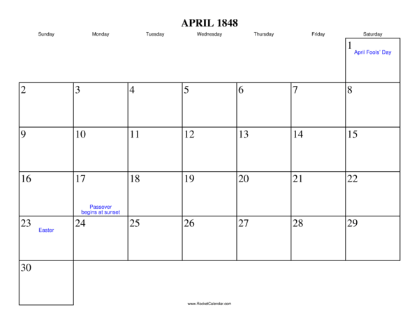 April 1848 Calendar