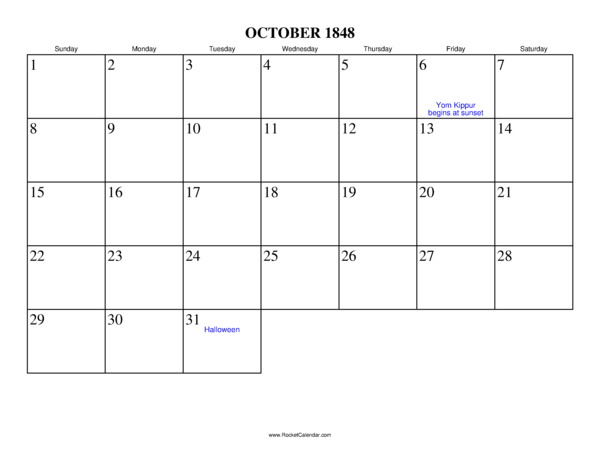 October 1848 Calendar