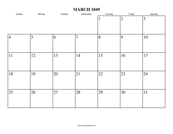 March 1849 Calendar
