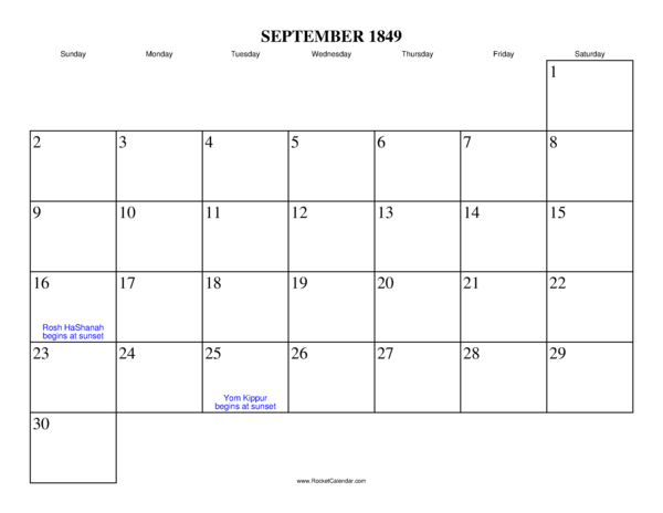 September 1849 Calendar